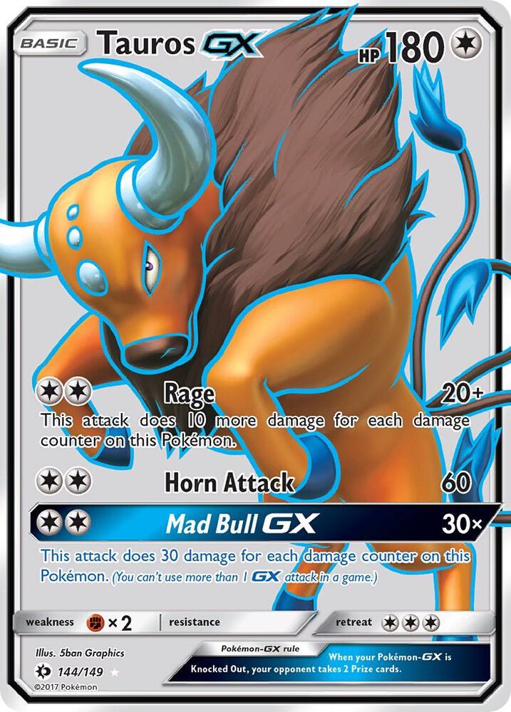 Tauros GX (Full Art) Ultra Rare SM Base Set 144/149 MP (Back)