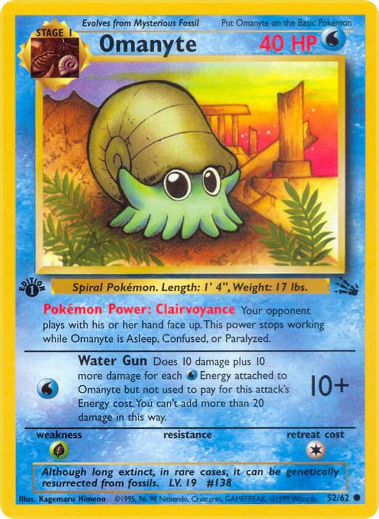 Omanyte - Fossil: 1st Ed TCG 9.5 Gem MT - 52/62 NM (Back)
