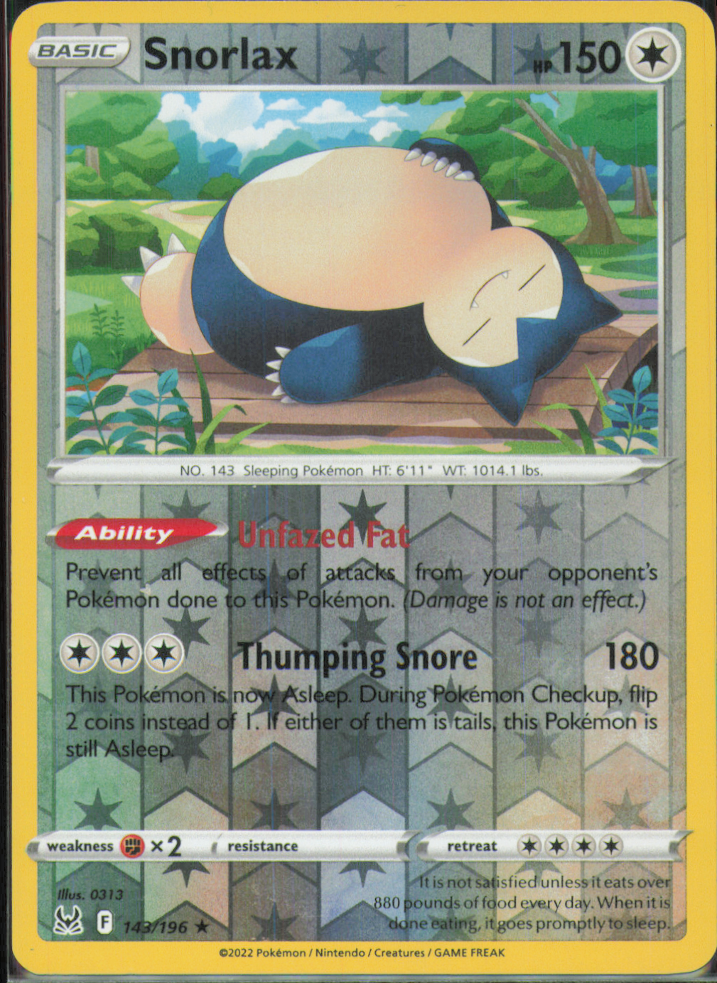 Snorlax Holo Rare SWSH11: Lost Origin 143/196 NM