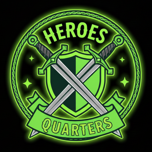 Glowing green emblem with 'HEROES QUARTERS' text on a black background