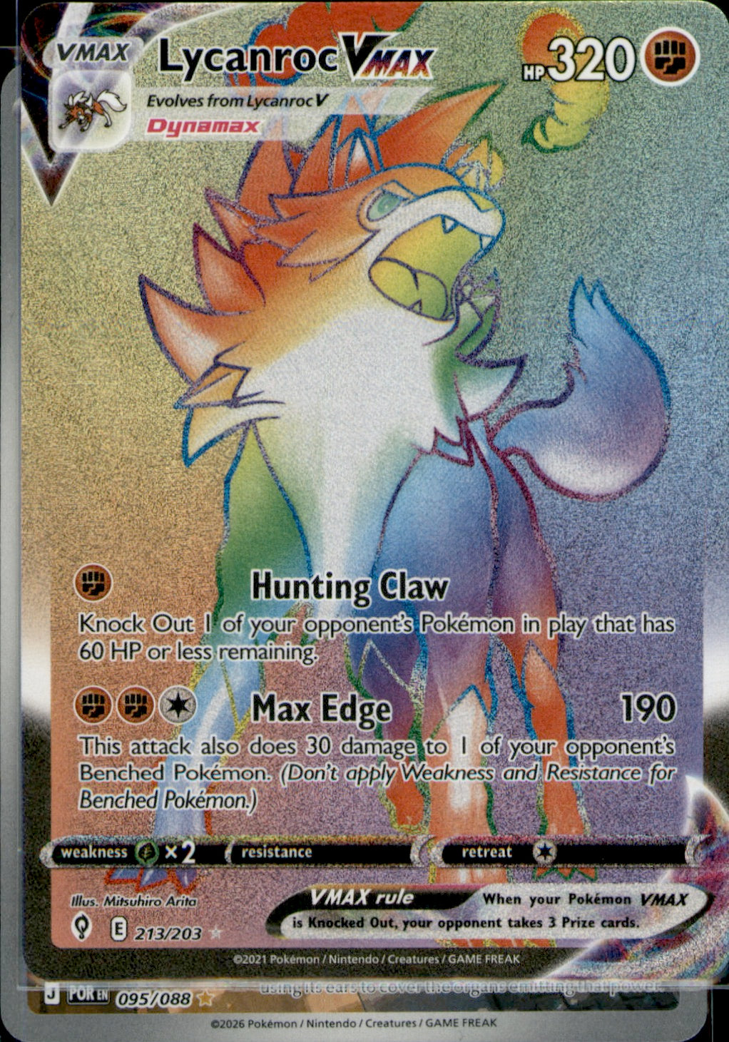 Lycanroc VMAX (Secret) Secret Rare SWSH07: Evolving Skies 213/203 NM